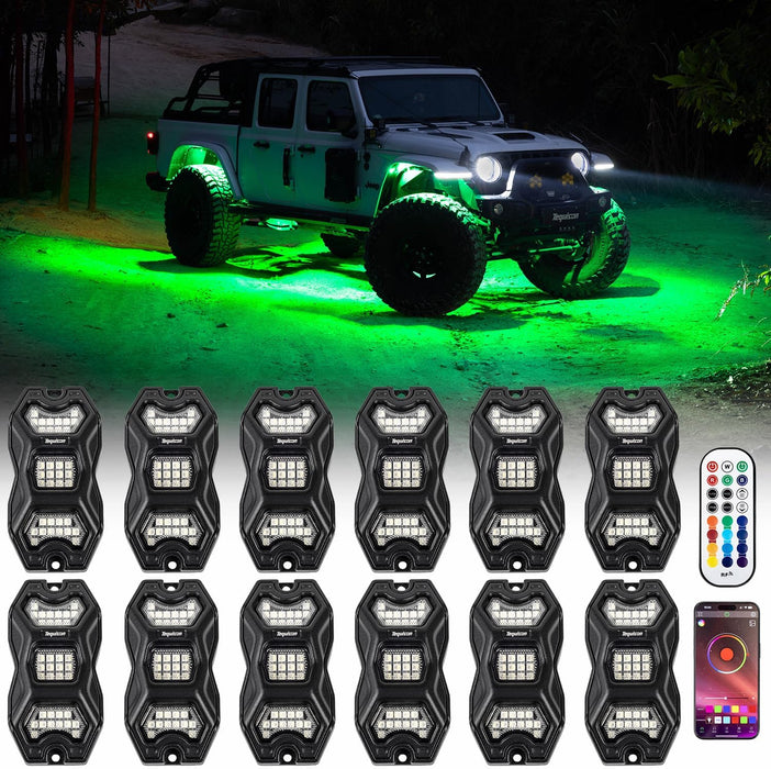 Tequison 12 Pods LED Rock Light - 16 Million Color Rock Lights for Trucks,APP & RF Controlled RGBW Underglow LED Kit, 180° Wide Beam Aluminum Pods, 20 Dynamic Modes with Music Sync, Waterproof for Jeep/UTV/ATV/RV