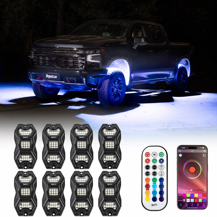 Tequison 8-Pods LED Rock Light -Off-road Accessories IP68 Waterproof 16 Million Color Rock Lights,APP & RF Controlled RGBW Underglow LED Kit, 180° Wide Beam Aluminum Pods, 20 Dynamic Modes with Music Sync, Waterproof for Jeep/UTV/ATV/RV